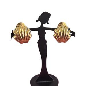 Vintage Monet Gold Tone Shell Clip On Earrings Solid Ribbed .75" Estate 6.1g